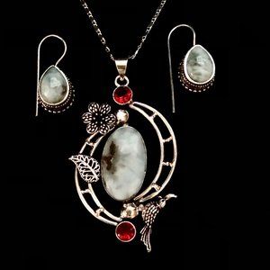 Handmade Stamped 925 Republic Larimar, Garnet Gemstone Necklace & Earring Set